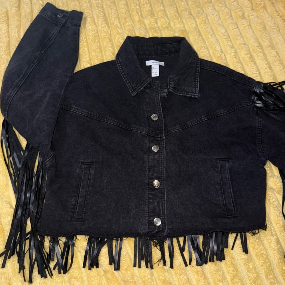 Forever 21 Black Jean Jacket denim faux leather Fringe western boho size Small - Picture 3 of 12